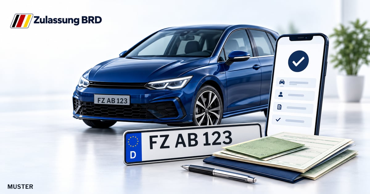 Online Fahrzeugzulassung in Homberg/Efze: Musterkennzeichen FZ AB 123, Auto und Fahrzeugpapiere und Smartphone. Illustration mit Logo von Zulassung BRD.